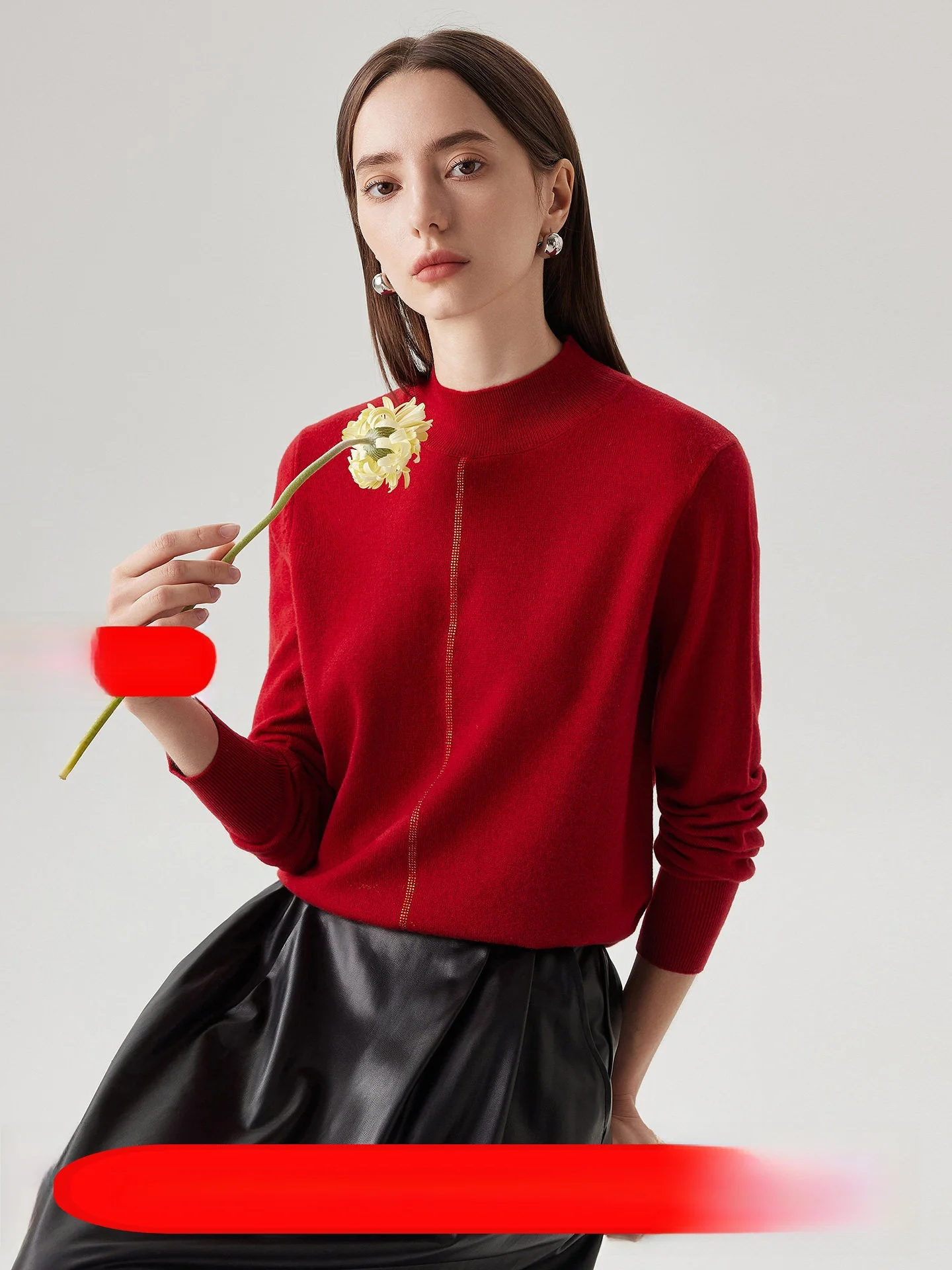 

Zhaojun 2025 Spring Red Half High Collar Wool Knitwear Women's Rhinestone Long Sleeve Pure Color Base Layer Sweater