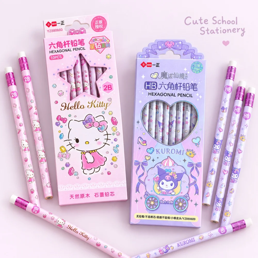 Genuine Sanrio Hello Kitty Kuromi 2B HB Hexagonal Pencil Set 10Pcs Box Character Goods Stationery for School Office Writing
