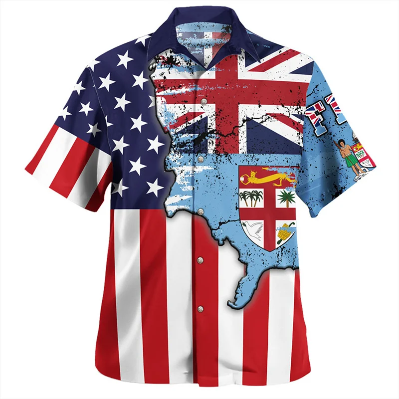 Hawaiian Summer 3D Print BULA FIJI Flag Emblem Shirts Philippines Fiji Coat Of Arm Graphic Short Sleeves Fashion Men Clothes Top