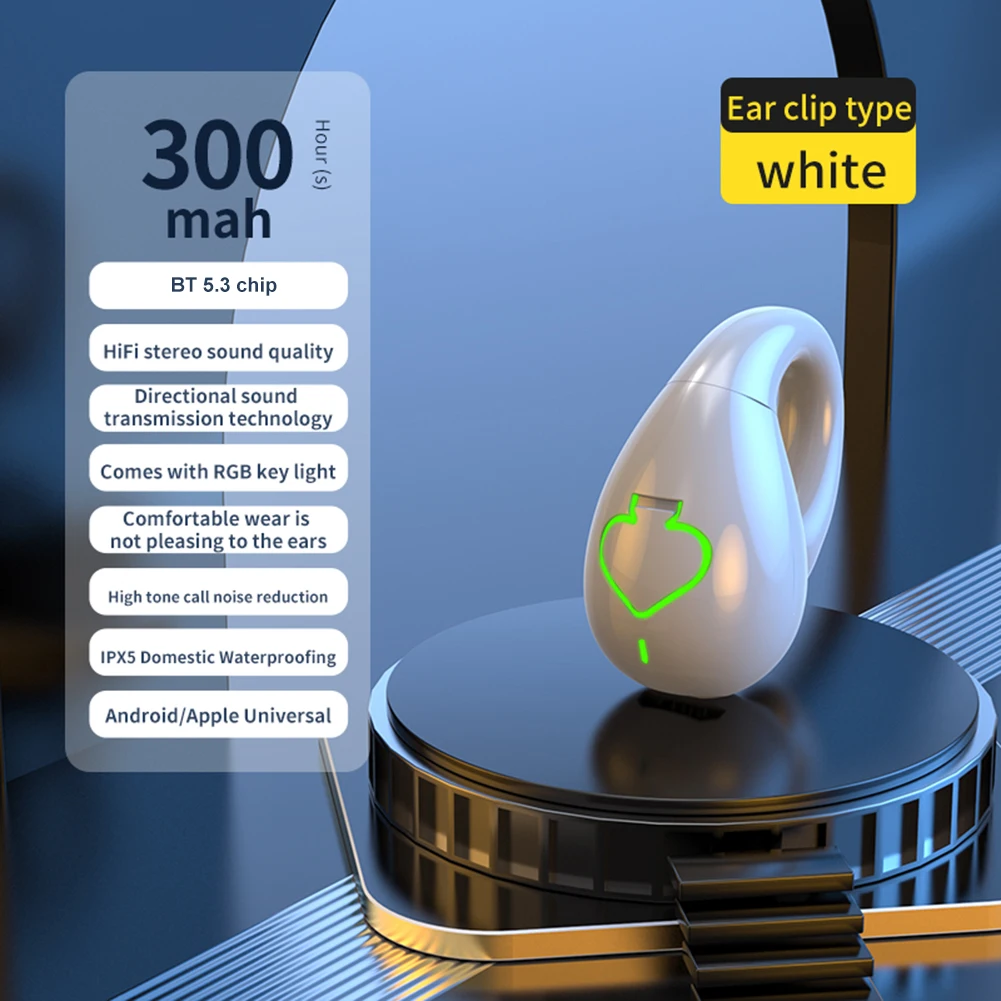 Earphone Nirkabel Kompatibel dengan Bluetooth IPX5 Earphone Konduksi Tulang Klip Telinga Tunggal Tahan Air BT 5.3 Headset Gamer Olahraga