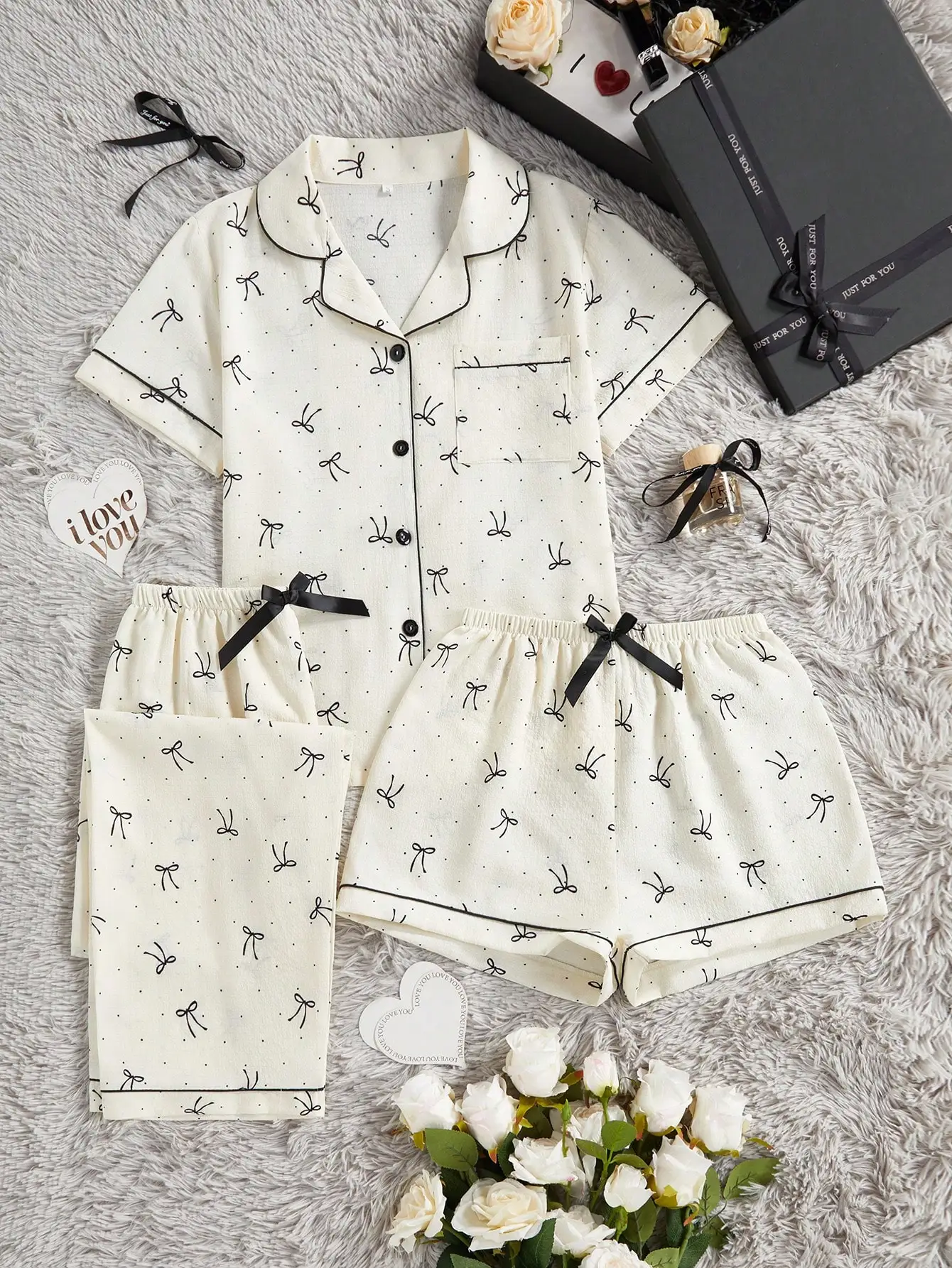 3pcs Women's Casual Loose Bow Dot Print Pocket Front Button Short Sleeve Top And Shorts/Pants Pajama Set, Spring/Summer
