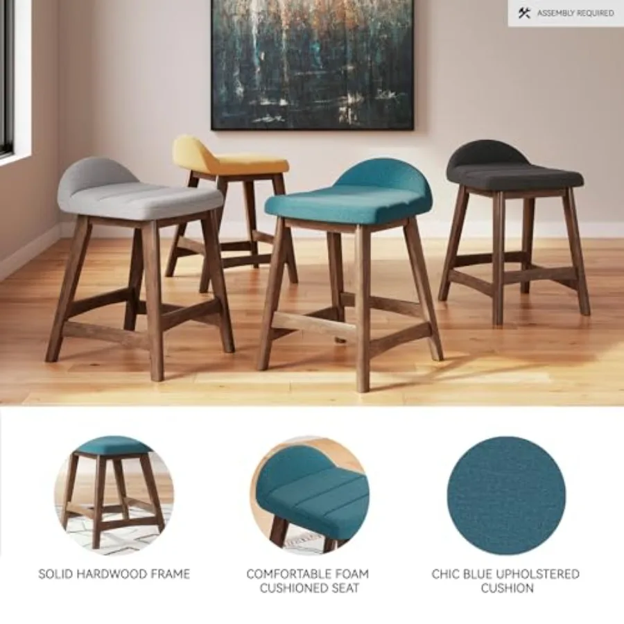 Lyncott المعاصرة 24.25 "ارتفاع المقعد ارتفاع العداد منجد بار البراز مع وسادة إسفنجية 2 عدد النسيج الأزرق الصلبة الصلبة #4