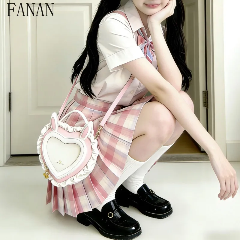 

New Style Lace Pink Rabbit Ears Heart Girls Lolita Bags Transparent Satchel Shoulder Bag Sweet Women's Handbag