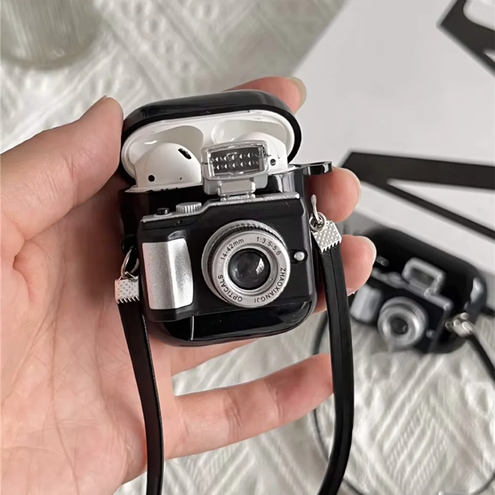 Vintage Camera Earphone Case with Strap for Apple Airpods Pro 2 3 1 Soft Headphone Cover for AirPod 4 2024 Generation