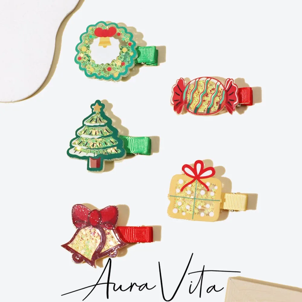 AuraVita New Trend Wreath Candy Christmas Tree Small Bell Gift Box Hairclip Christmas Duckbill Clip Girl Cute Hair Accessories