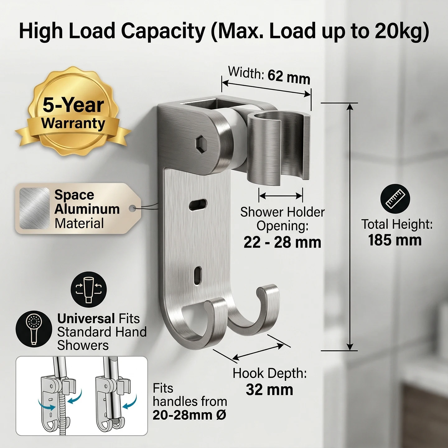 Space Aluminum Shower Head Holder No Drill Wall Mount Bracket With Hooks Waterproof Anti Fall Heavy Duty Bathroom Accessory