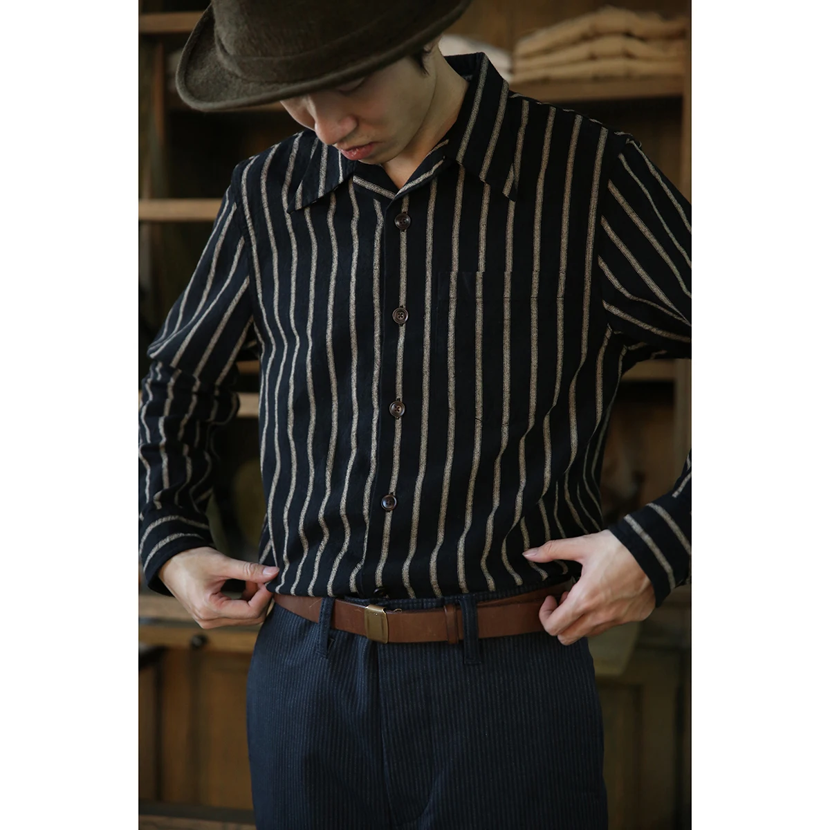 

BOB DONG Long Sleeve Striped Camp Shirt Vintage Fashion Spring Men Casual Shirts