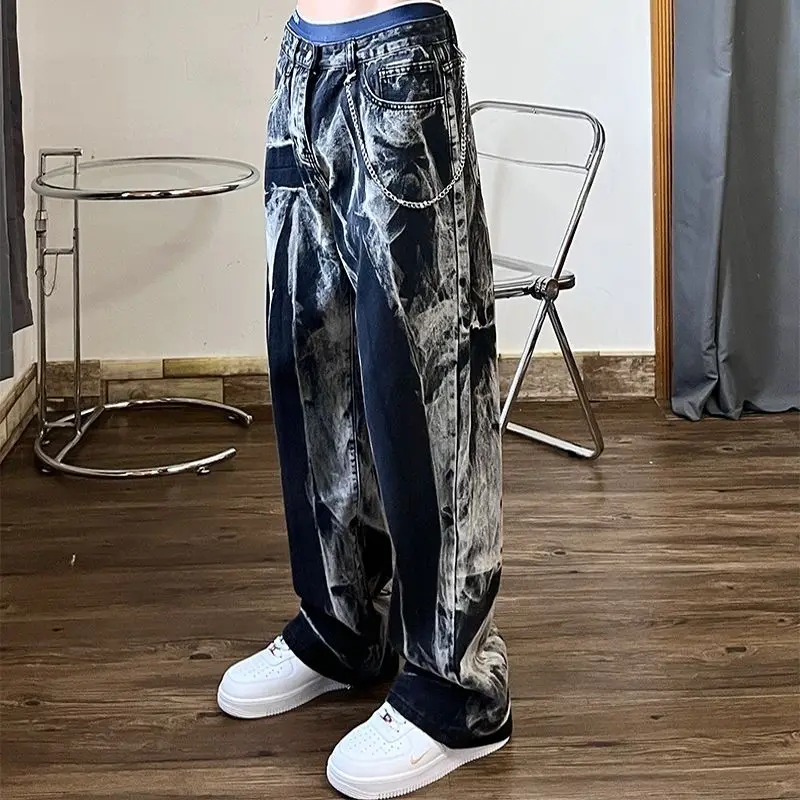 Elasticity Wide Baggy Tie Dye Jeans for Women Vintage Women's Summer Trousers Trend Straight Luxury Hippie Pants Patchwork Punk