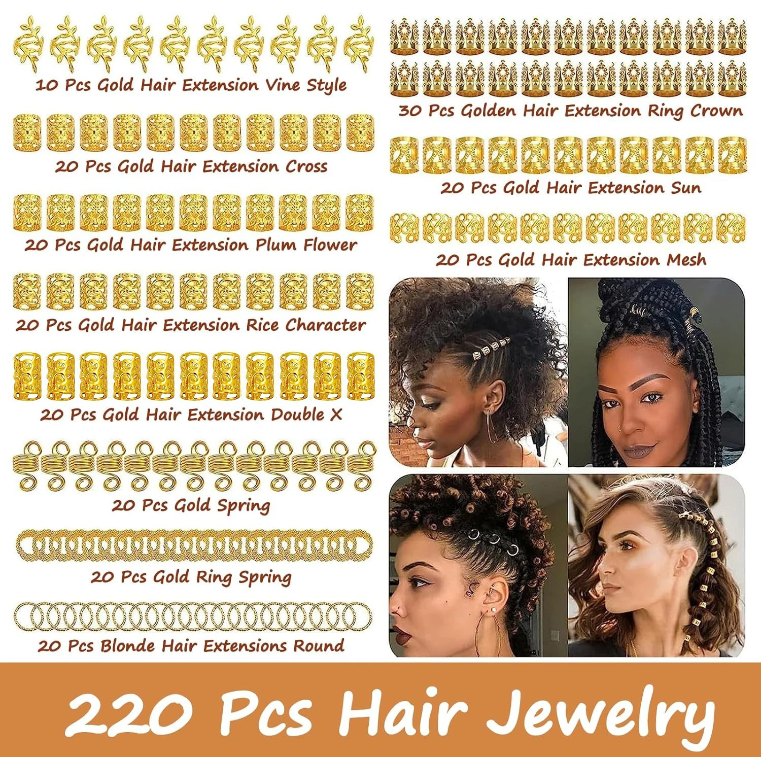 220pcs Dreadlock Hair Rings Adjustable Cuffs Clip Hair Braids Dirty Braids Bead Hairpin hair accessories Headwear for women