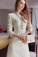 Autumn Winter Small Fragrance Heavy Industry Diamonded Tweed Dress Women's V-neck Long-sleeved Slim Sequins Temperament Dress