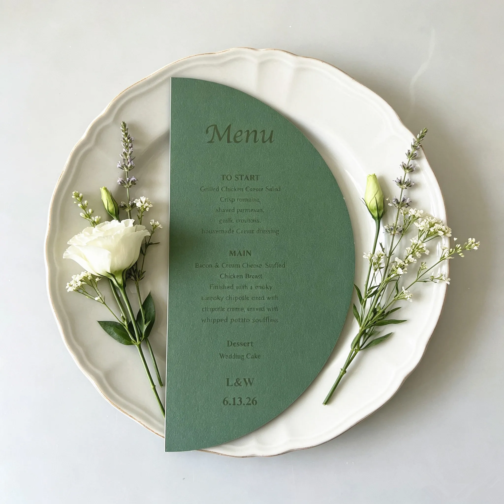 10pcs Menu Card Semi Circle Shape Blacklish Green Paper Custom Words Print Elegant Wedding Party Seat Name Card Design