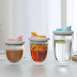 Leak Proof Double Wall Glass Cup With Airtight Silica Gel Lid Insulated Coffee Mug Tea Juice Cup Insulated Glass Egg-Shaped Cup