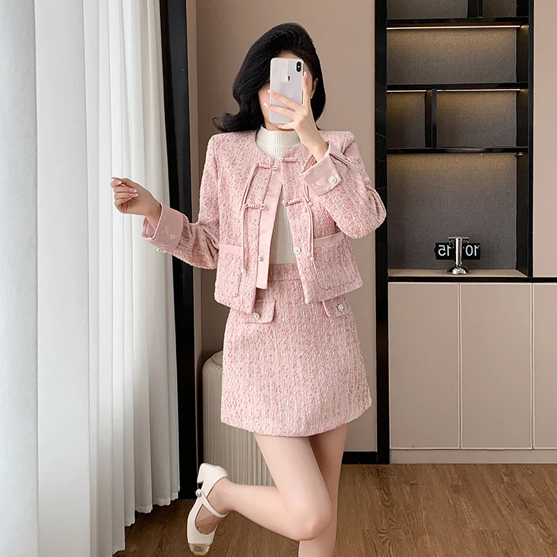 Autumn Winter Elegant pink Tweed 2 Piece Set Women Long Sleeve Woolen Jacket Short Coat Mini Skirts Suits Fashion Two Piece Set