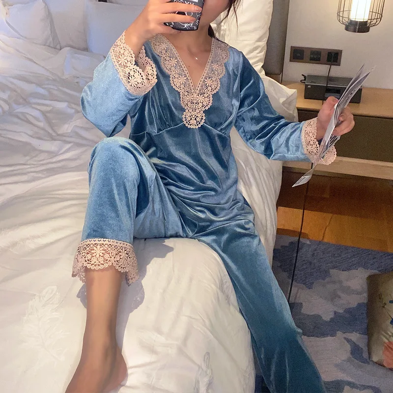 Velour Long Sleeve Trousers Set Velvet Pajamas Suit Winter New Velour Nightwear Home Clothes Loose Sleepwear Female Loungewear