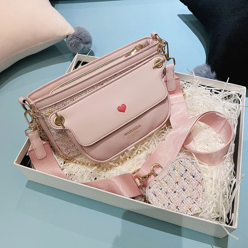 

Luxury Heart Bag 2 Pcs/set Women Shoulder Bags Fashion Chain Wide Strap Crossbody Messenger Bags Purse Solid Color Women Bag New