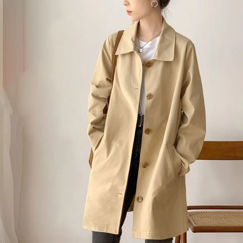 

Fashion Lapel Button Spliced Pockets Casual Coats Female Clothing 2023 Autumn New Loose All-match Tops Solid Color Korean Trench