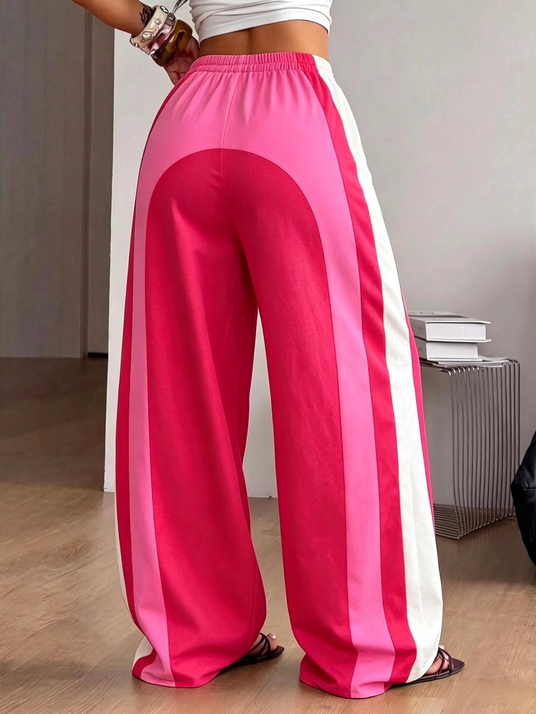 Women's Color Block Wide Leg Pants Casual Elastic Waist Drawstring Side Stripe Trousers Streetwear