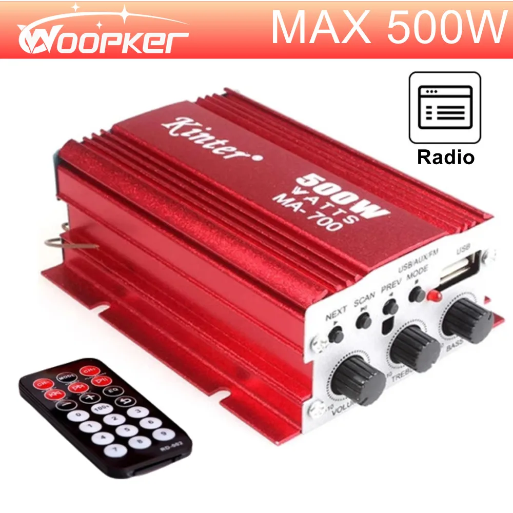 

Woopker Car Amplifier Kinter MA700 Compact AMP 500W MAX Power Channel 2.0 With Remote Control DC 12V Support USB FM AUX Input