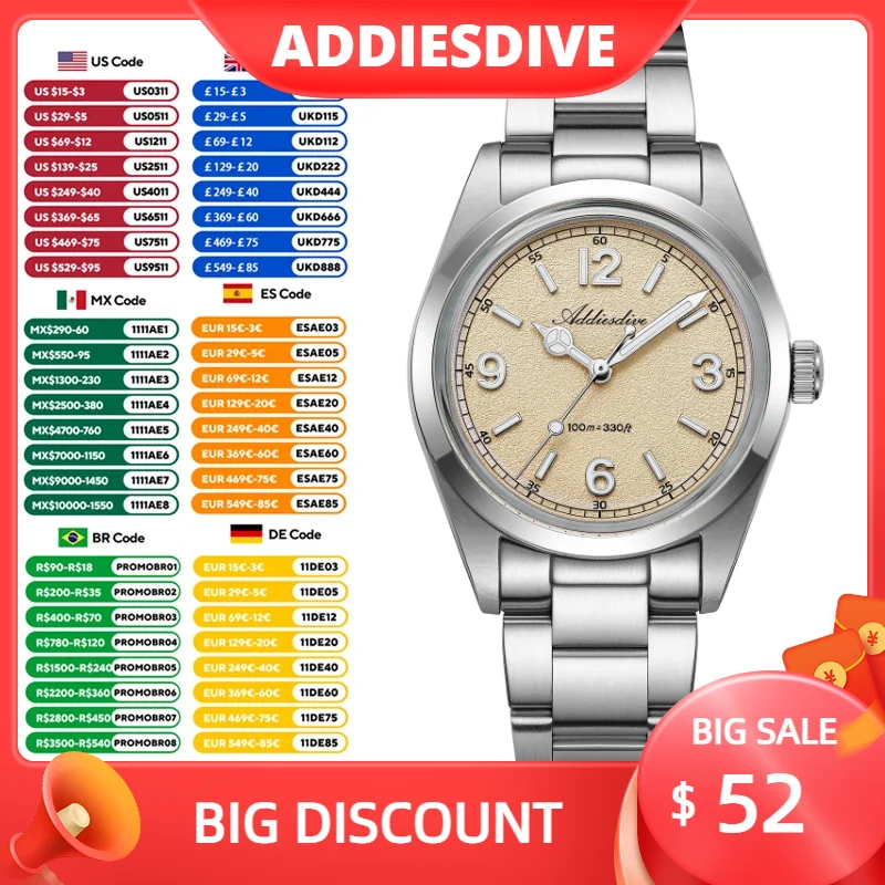 

ADDIESDIVE Простые мужские кварцевые часы из нержавеющей стали VH31 Bubble Glass Luminous 100M Водонепроницаемые 36 мм Роскошные новые часы для мужчин