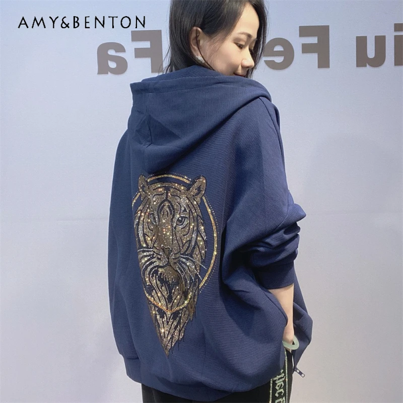 

Women's Sudaderas High-end European Style Top Cardigan Coat Autumn Loose Slimming Couple Hooded Zipper Sweatshirt Jacket Ladies