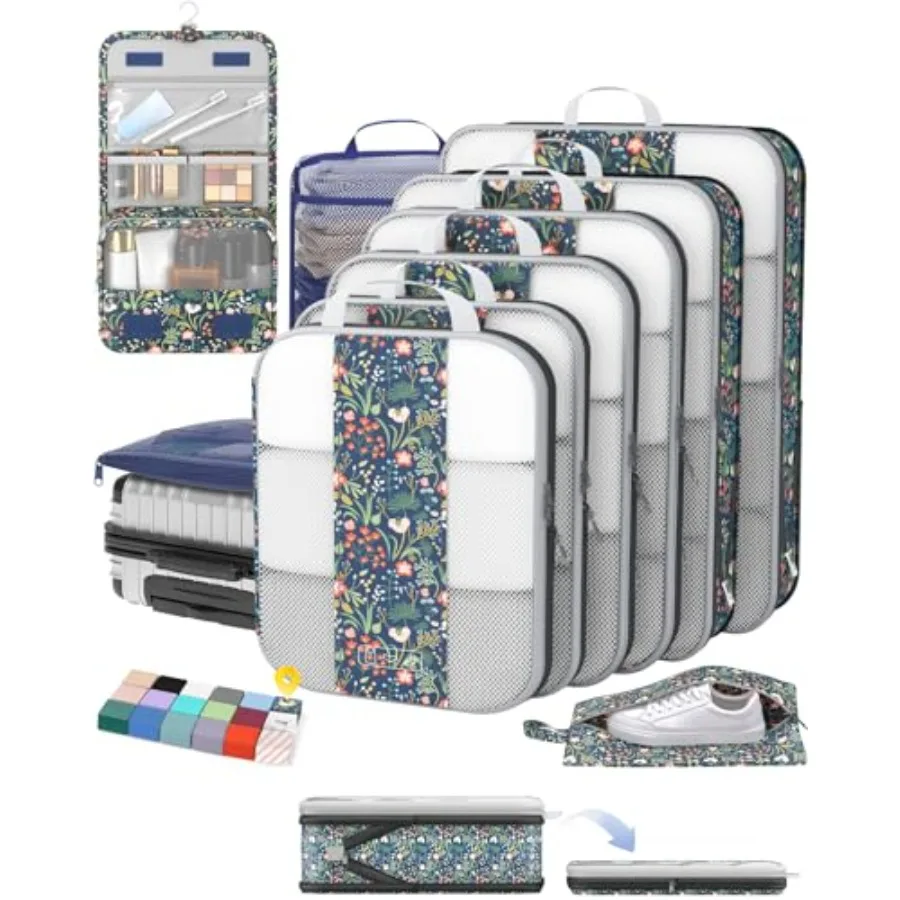

10 Set Compression Packing Cubes for Travel Essentials Compressible Expandable Luggage Organizer Bags Dark Blue Floral Clothes