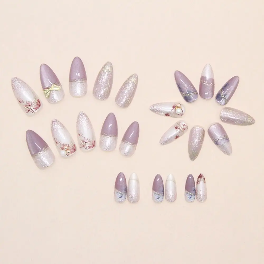 24枚入り ロングアーモンド型 つけ爪 パールリボン付き キラキラ輝く紫の花柄 フェイクネイル スパークリングラインストーン フレンチネイル レディース