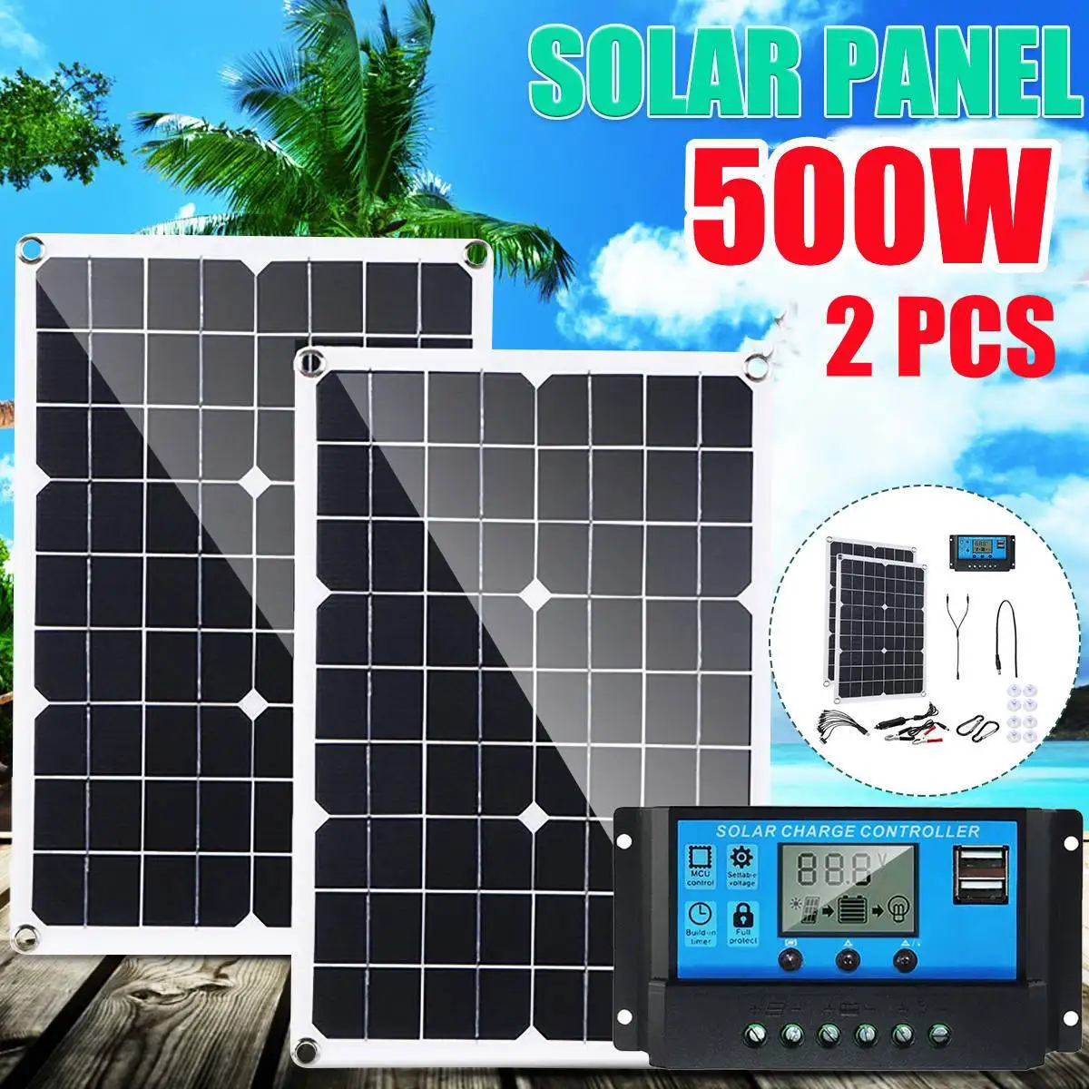 Banco de energia portátil do painel solar Kit Painel solar Placa solar para casa, Camping, RV, carro, carregador de bateria rápido, controlador 12V, 500W, 1000W