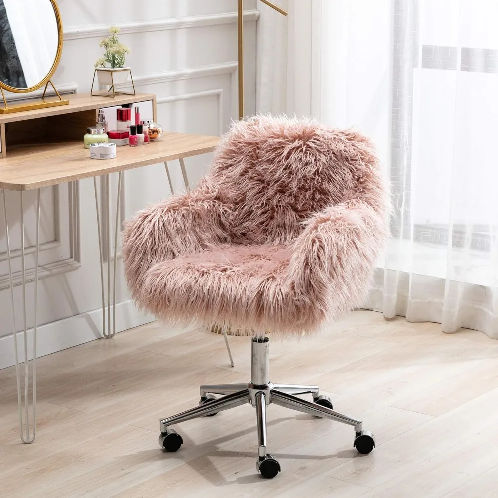 Fluffy Office Desk Chair, Faux Fur Modern Swivel Armchair with Wheels, Soft Comfy Fuzzy Elegant Accent Makeup Vanity Chairs