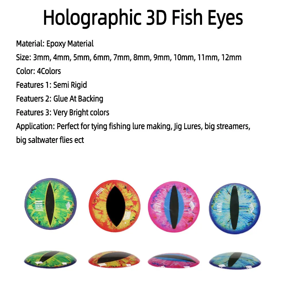 100pcs/Pack 8~12mm Epoxy 3D Holographic Fish Eyes Dragon Eyes Fly Tying Material For Streamer Jig Lure Sea Flies Trout Fishing