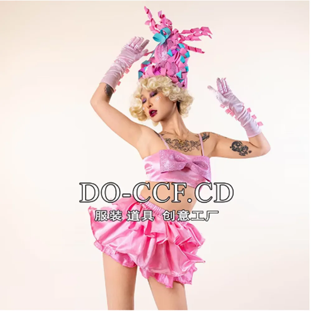 Seksowny Strój Gogo na Imprezę Karnawałową, Kostium na Występ w Klubie Nocnym, Strój Drag Queen, Różowe Top, Biustonosz, Spódniczka Y15