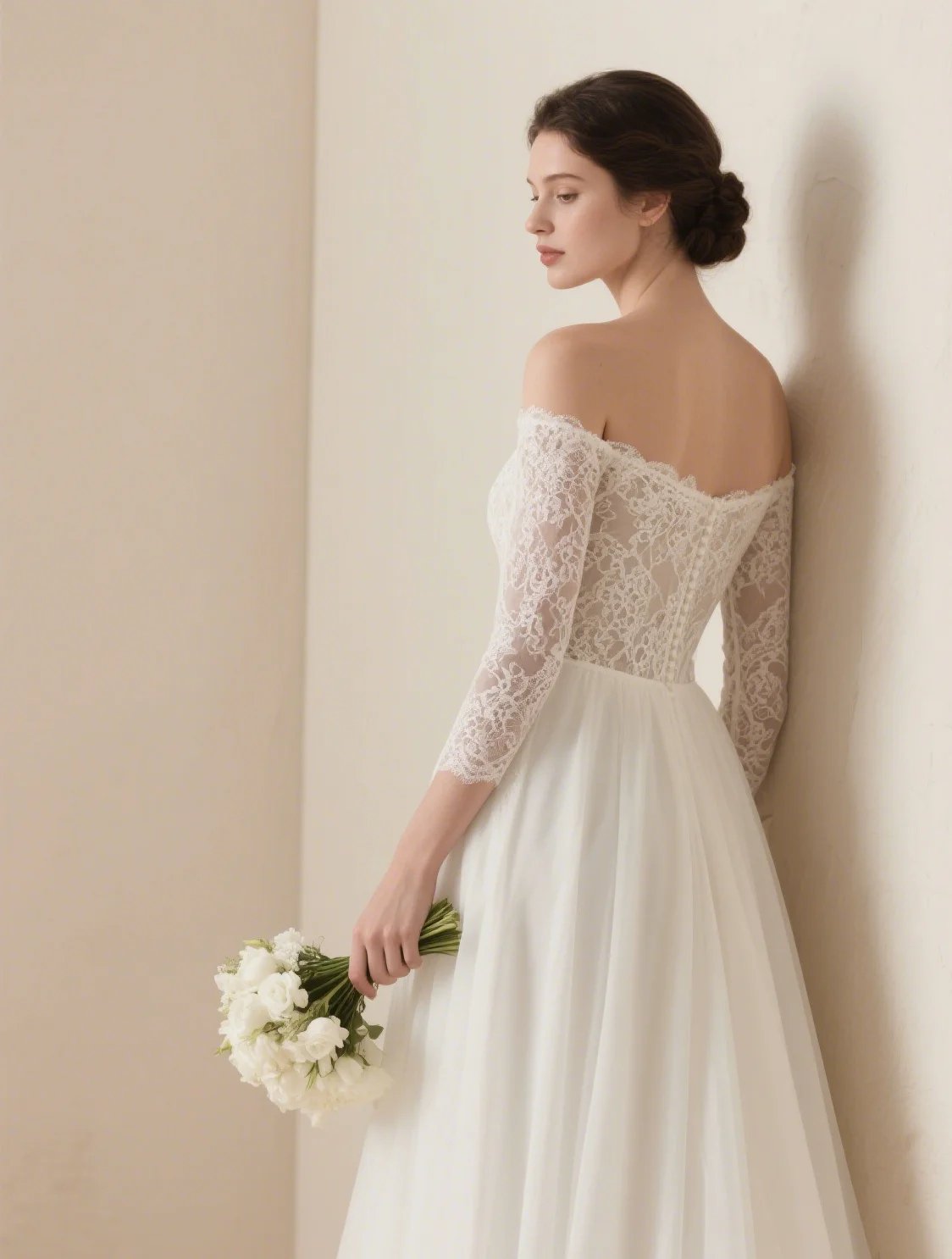 우아한 로맨스 A라인 웨딩드레스 오프숄더 레이스 쉬폰 하프 슬리브 아플리케 스윕 트레인 브라이덜 가운 2025 무료 맞춤 제작