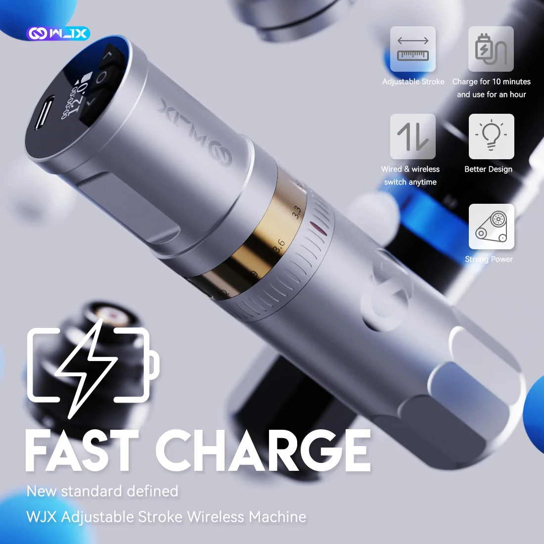 

WJX W3 Fast Charge Wireless Tattoo Machine Pen RCA & Wireless Mode Coreless Motor 7 Adjustable Strokes Tattoo Gun