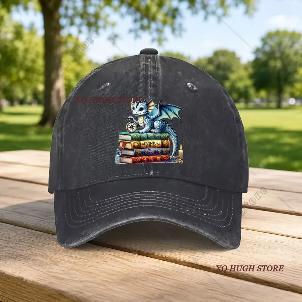 Vintage Washed Black Baseball Cap, Cute Blue Dragon On Adventure Books Print Casual Dad Hat