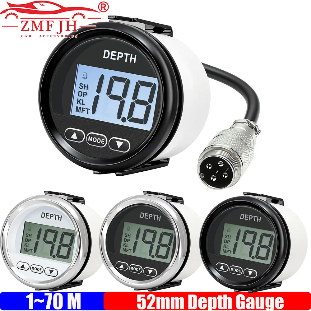Newest 52mm Marine Digital Depth Gauge Indicator with Transducer and White Backlight for Yachts Fishing Boats Universal 12V