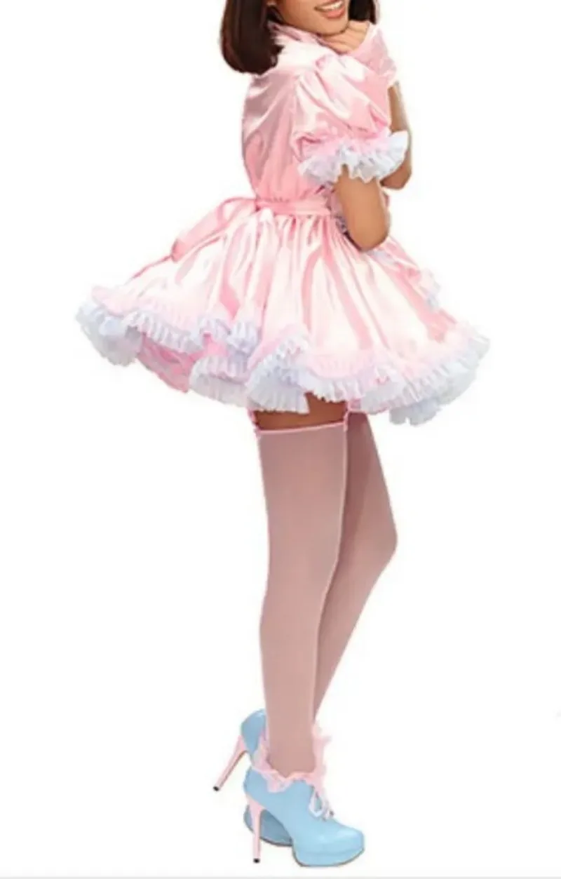 Pink satin Lockable Sissy Lace Dress for Women Cosplay Customized