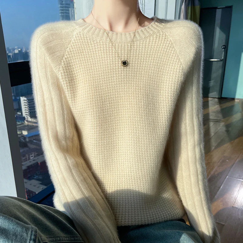 Women\'s sweater in autumn and winter O-neck long sleeve 100% merino wool pullover leisure padded cashmere sweater Korean style