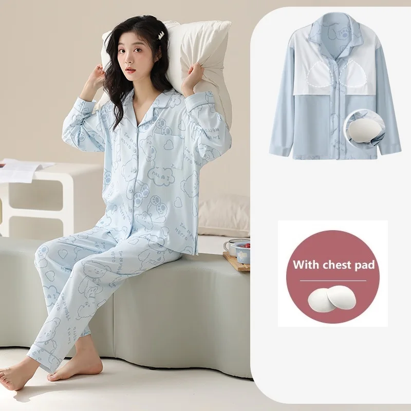 With chest pad spring cardigan pyjamas new full cotton long-sleeved long trousers ladies pajamas suit bow print sleepwear women