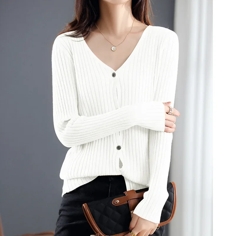 Women Cardigans Spring Autumn Long Sleeve Stripe V-neck Sweater Korean Fashion Single Breasted Knitted Casual Strecth Cardigan