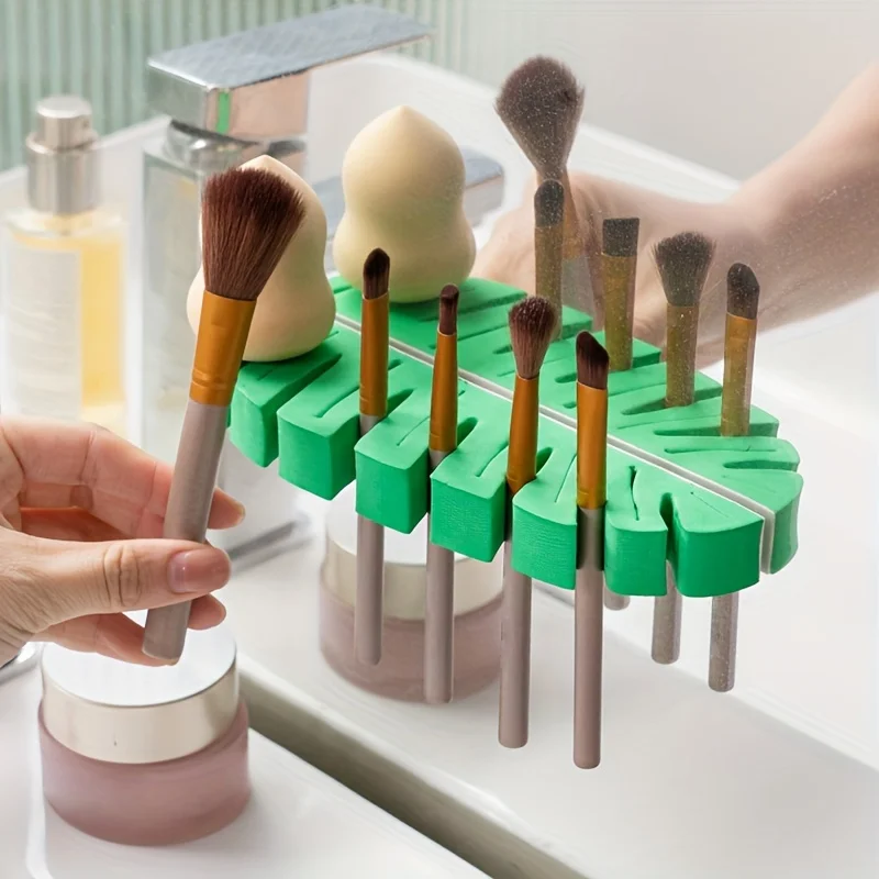 1 household bathroom leaf shaped makeup brush holder, toothbrush holder, cleaning and drying rack