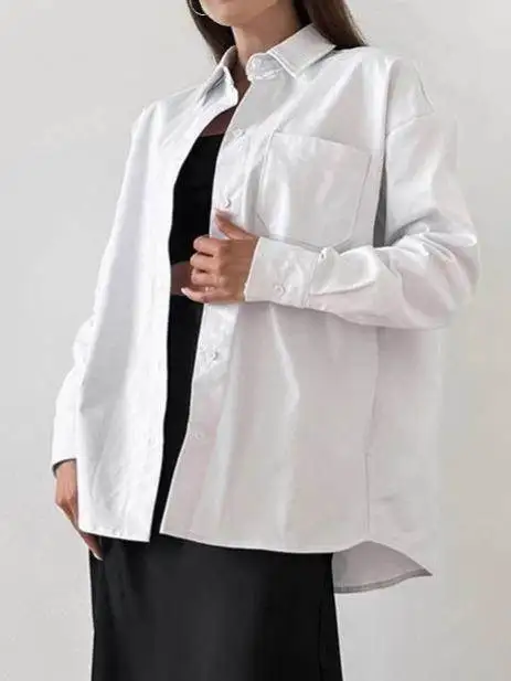 

Simple Casual Loose Cotton irt Women's Top Commute Sle Long Sve Flip Collar Mid-Length Pure Color Ladies' irt