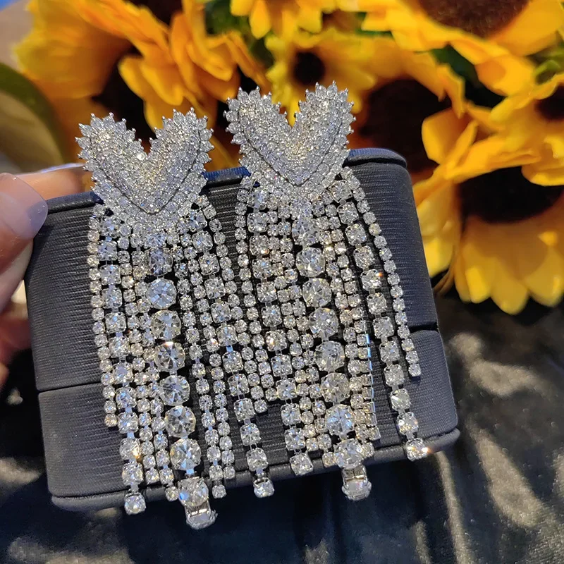 

Heart Dangle Earrings for Women Luxury Jewelry Wedding Evening Party Shiny Zircon Long Tassel Chain Earrings Female Gift
