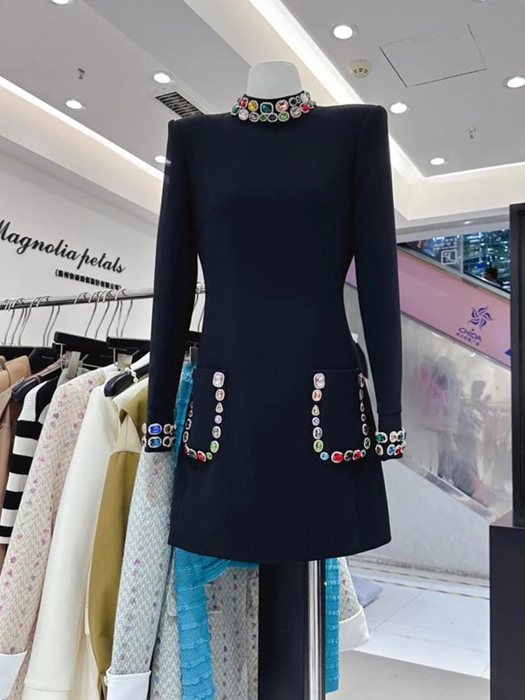 HIGH STREET Newest 2024 Designer Fashion Women's Colorful Diamond Standing Neck Long Sleeve Dress