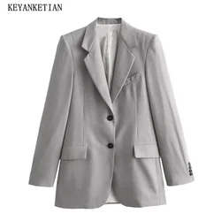 KEYANKETIAN Autumn New Women's Single Breasted Flap Pockets Light Grey Suit Office Lady Slim Blazer Women/Dames Outerwear Top