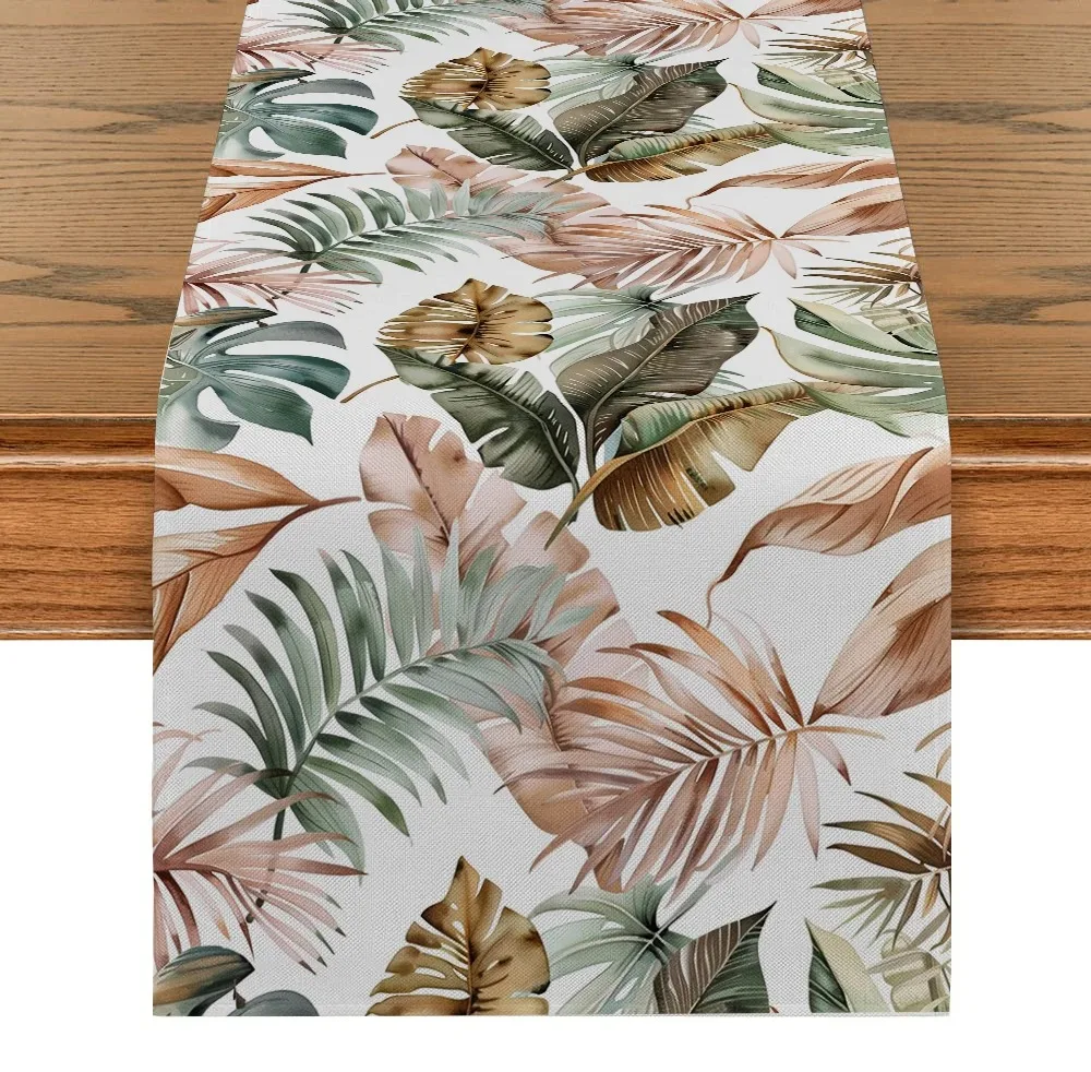 Vintage Tropical Plant Table Runner Wrinkle‑Resistant Brown Green Leaf Print For Bohemian Style Table Decoration
