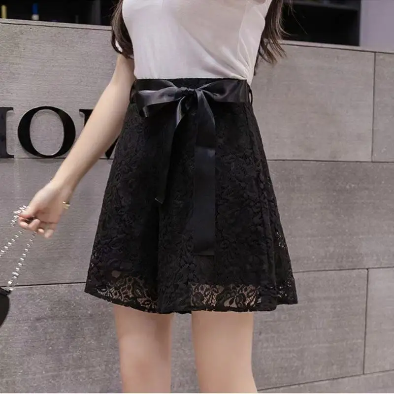 Lace Short Pants Women Loose Summer 2026 New Korean Style Slim Wide Leg A-Line Skirt Casual Trousers Polyester Fiber