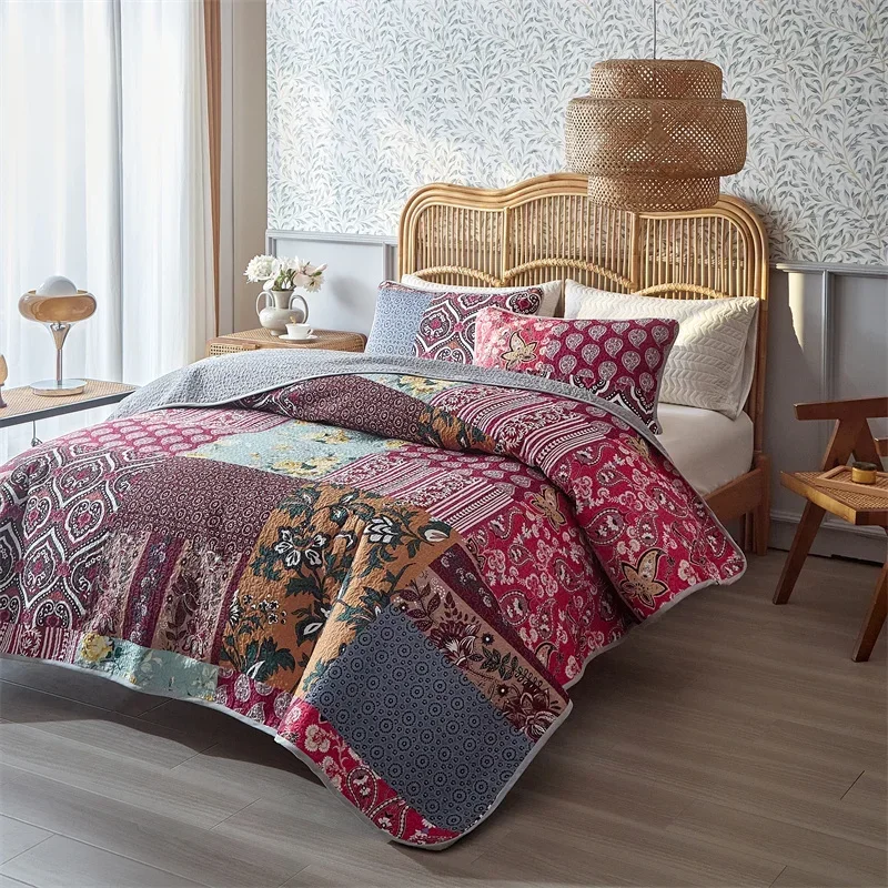 3pcs Set Ultrasonic Wash Cotton Printed Pastoral Quilted Bedspread Soft Breathable Bedsheet with 2 pcs pillowcase for Home