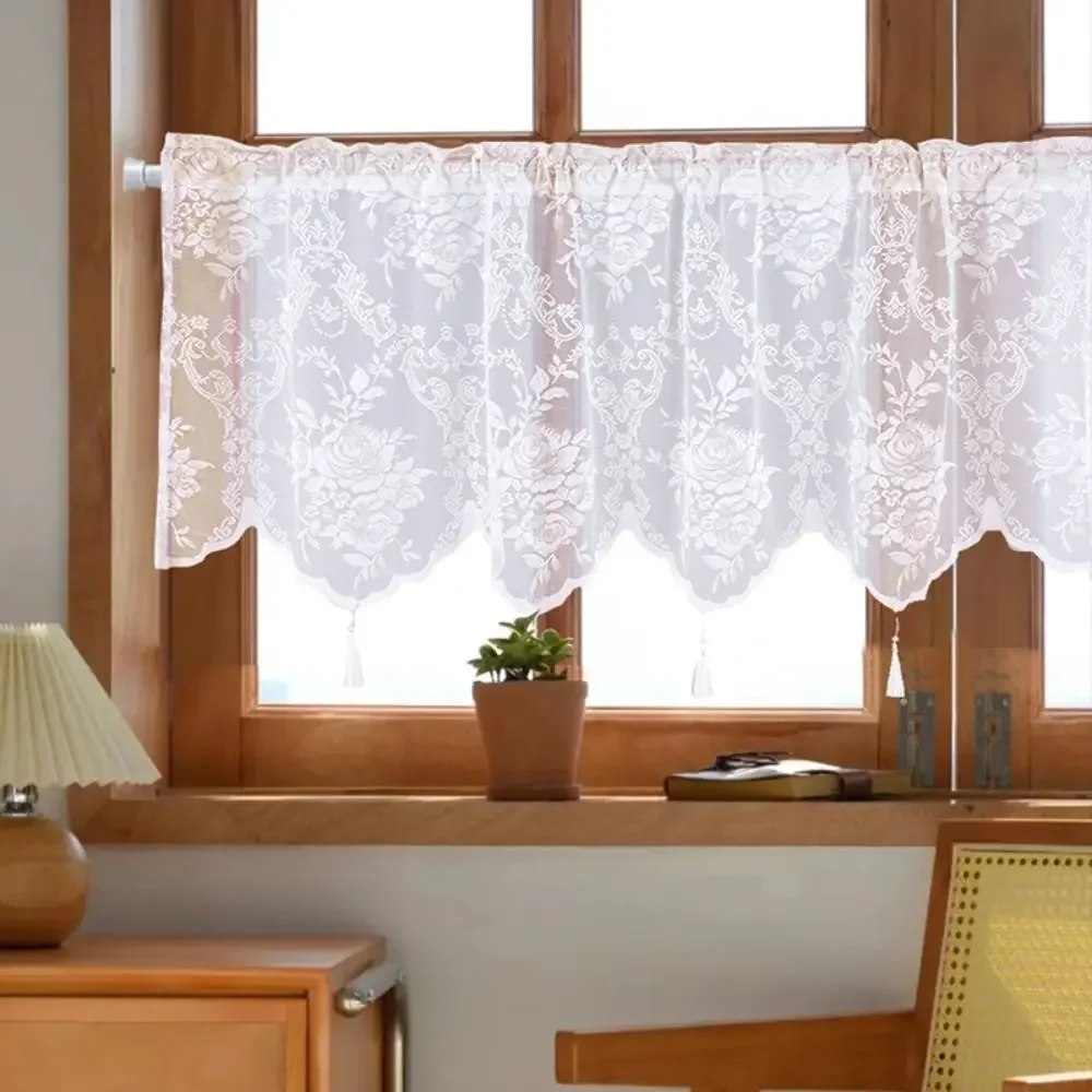 Fashion White Lace Short Curtain Tassel Small Fresh Tulle Window Half Curtains Cabinet Drapes for Home Deco