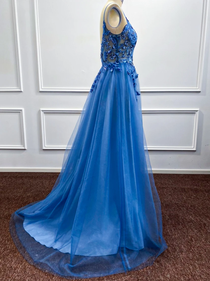 A Line Soft Tulle Blue Evening Dresses High Split Strapless Illushion Sleeveless Cocktail Party Prom Gowns Custom Made Vestidos