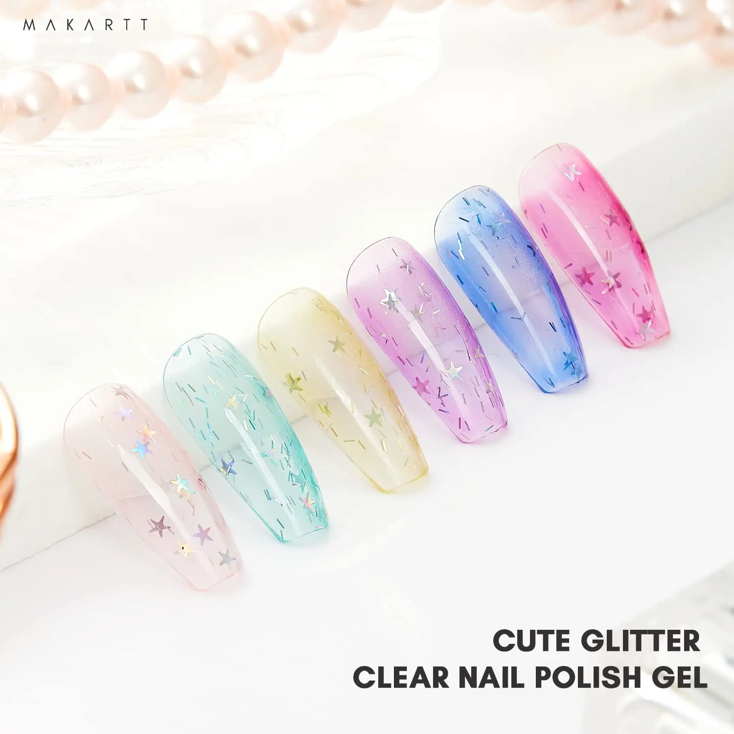 Makartt Gel Nail Polish Set Jelly Clear Glitter Pink Blue Soak Off Gel with Irridescent Stars, Crystal Transparent Nail Varnish