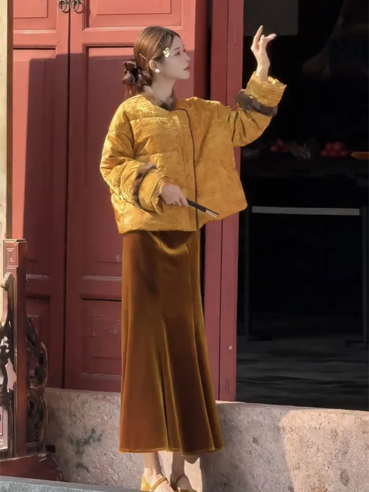 2025 Winter New Fashionable Style New Chinese Style Exquisite Elegant Cotton Jacket+ Solid Color Half Skirt Set for Women